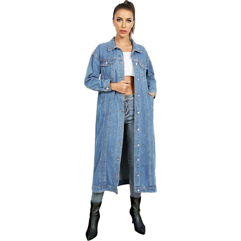 Plus Size Denim Trench Coat Women's Long Sleeve Button-Down Overknee - Picture 5 of 6